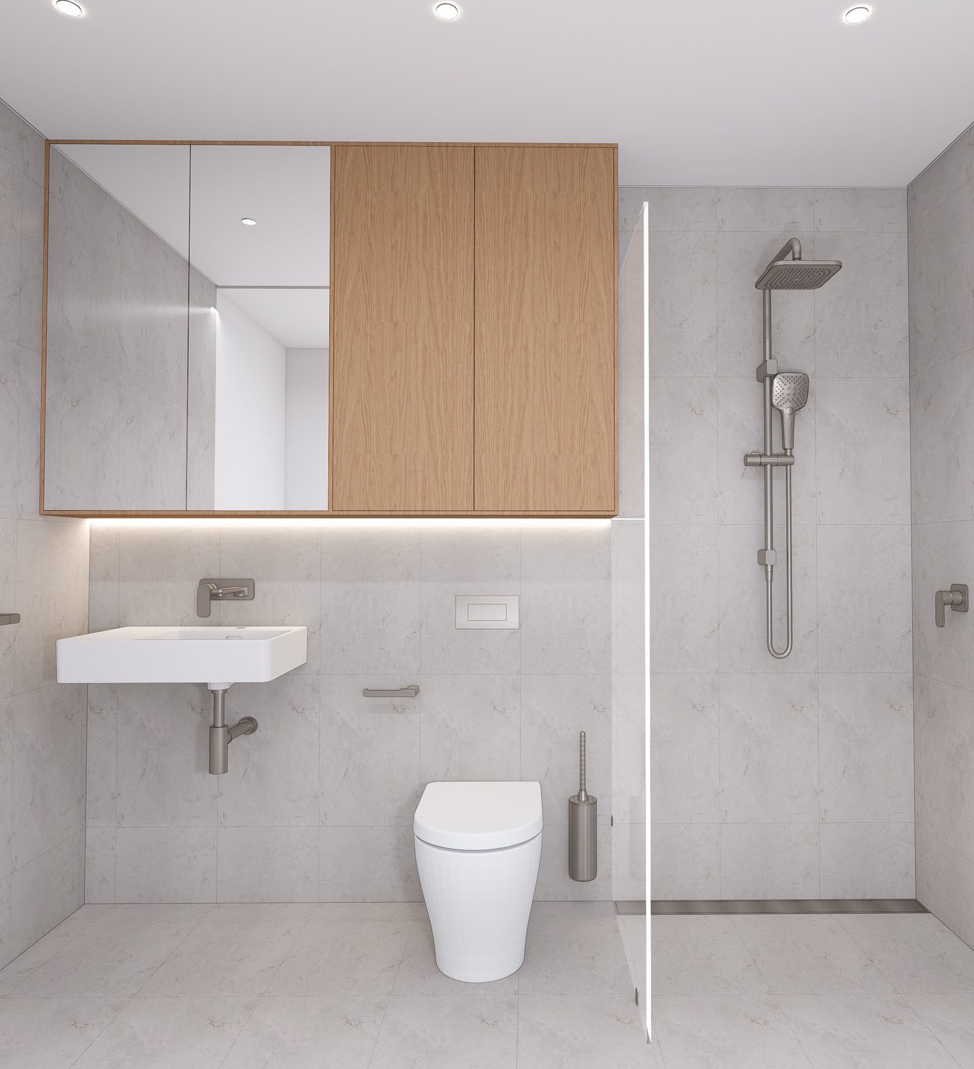 Bathroom with Divine Stone matt tiles, timber-look vanity and frameless glass shower