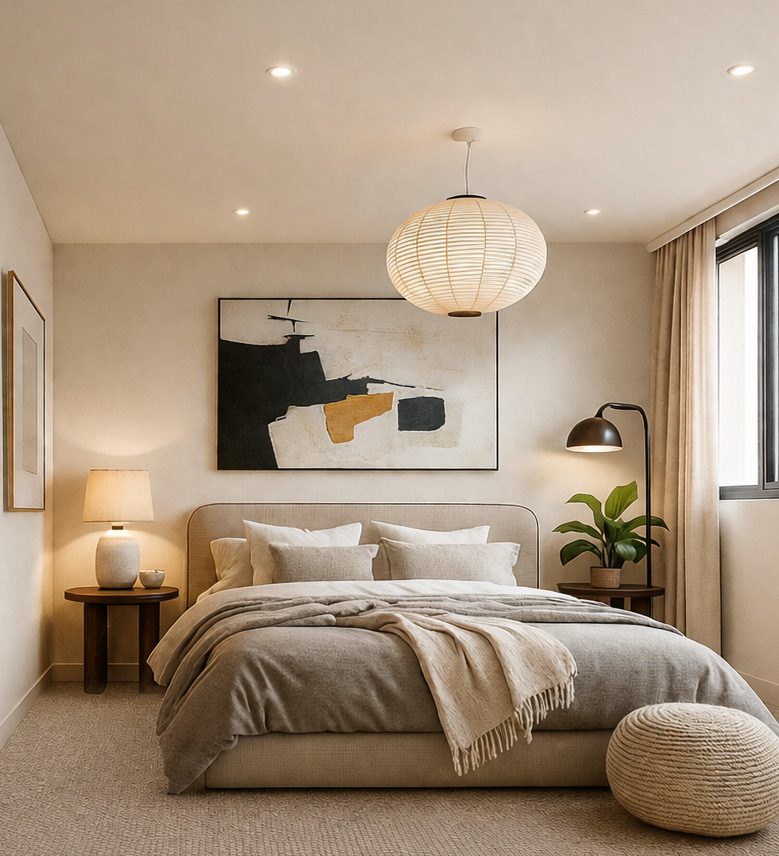 Bedroom with soft neutral palette and pendant lighting