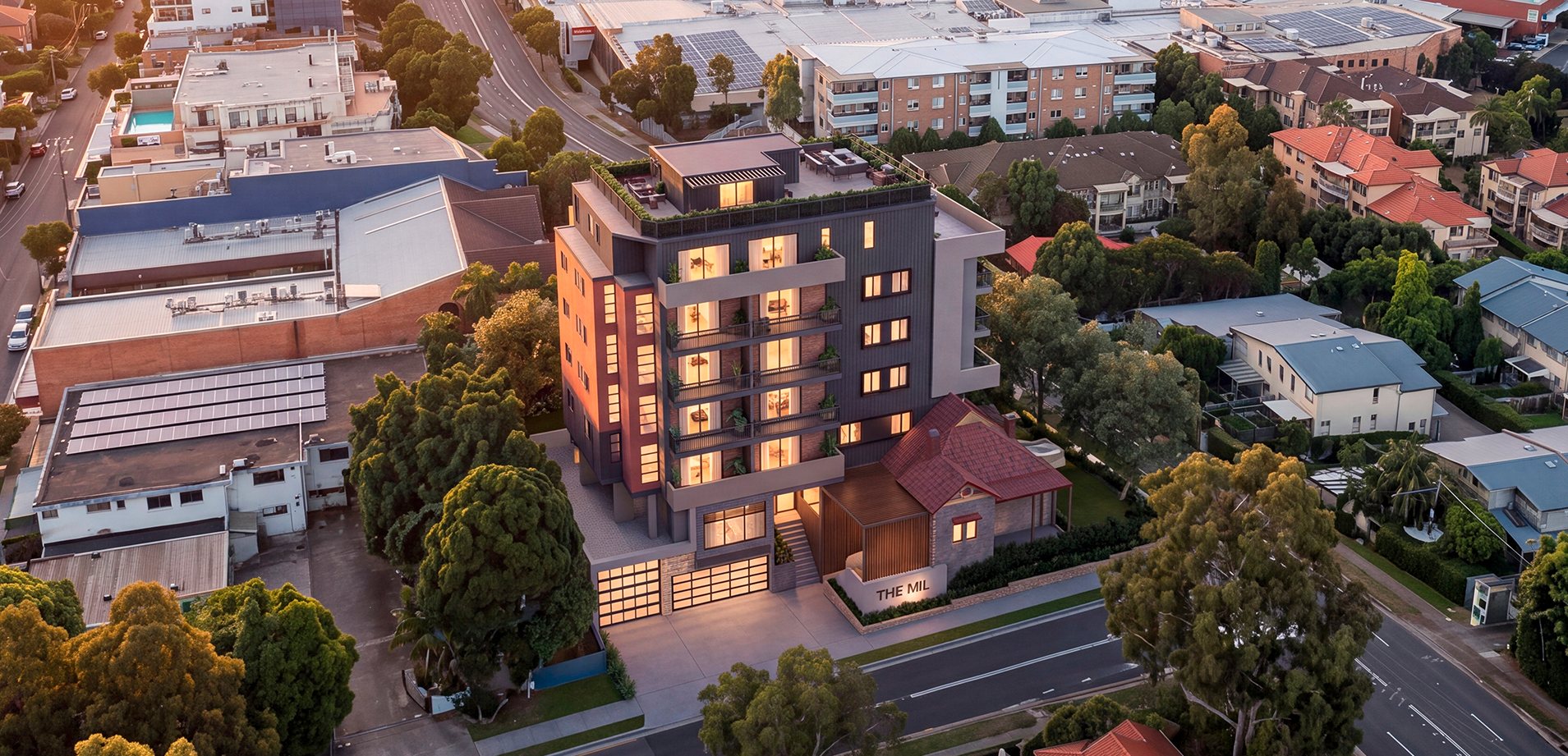 Aerial view of The Mil at sunset with THE MIL signage, Baulkham Hills