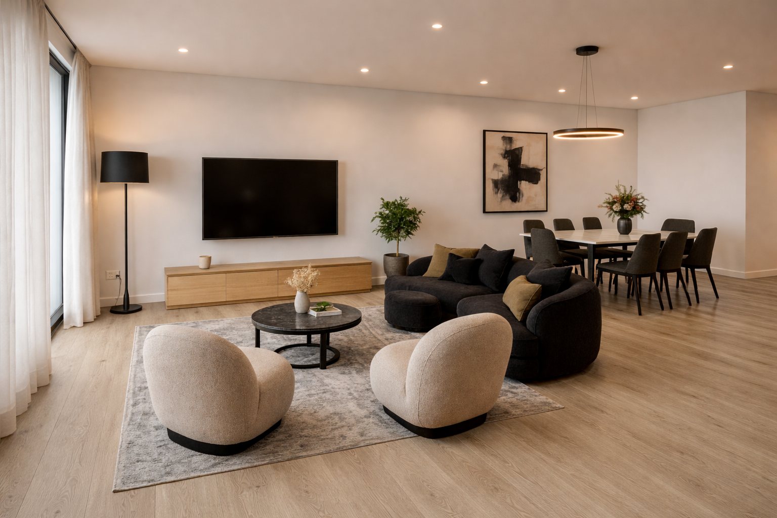 Open-plan living and dining at The Mil