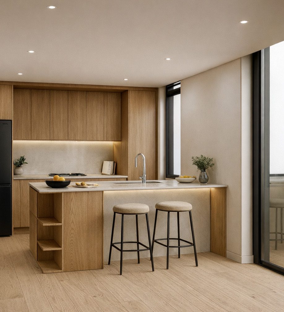 Kitchen with warm timber cabinetry and marble-look stone island