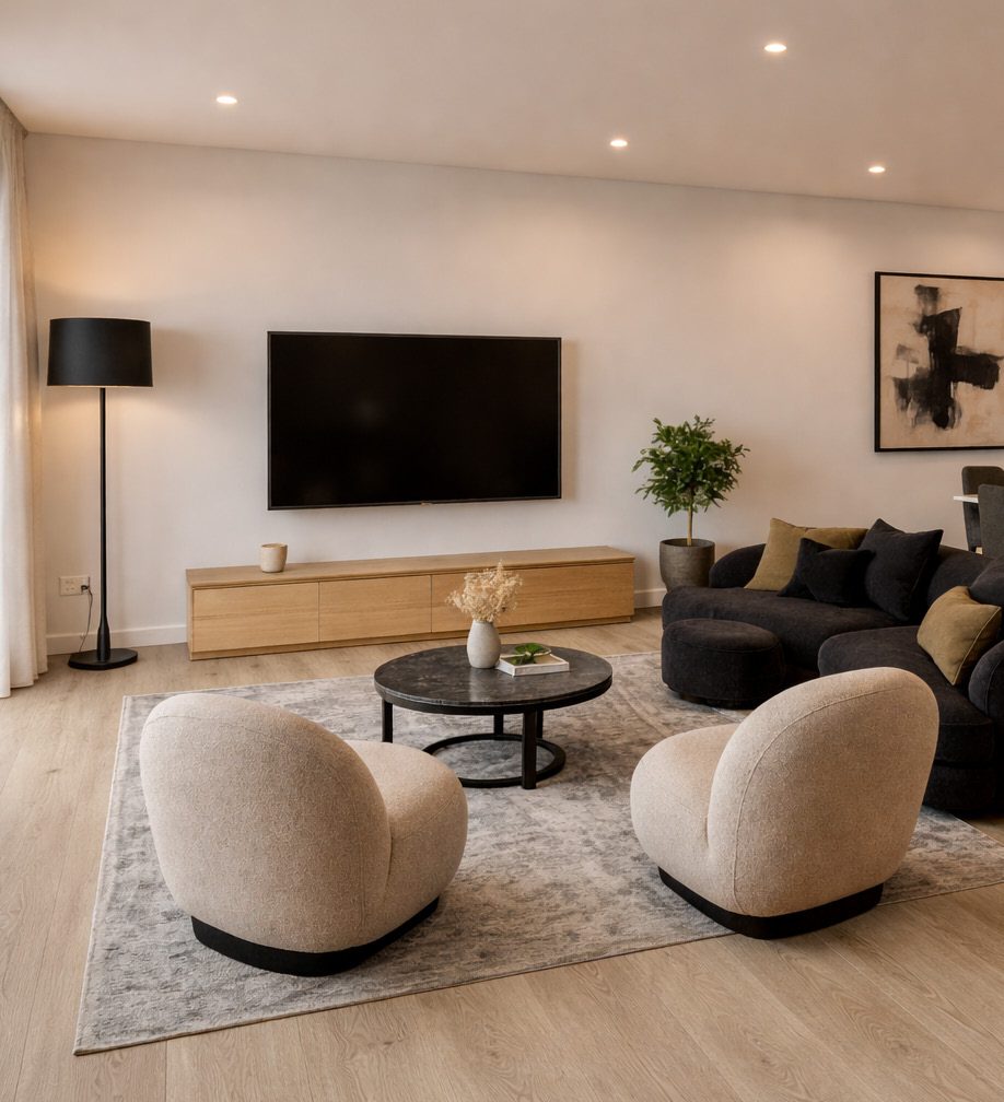 Light-filled living room with timber-look flooring and neutral palette