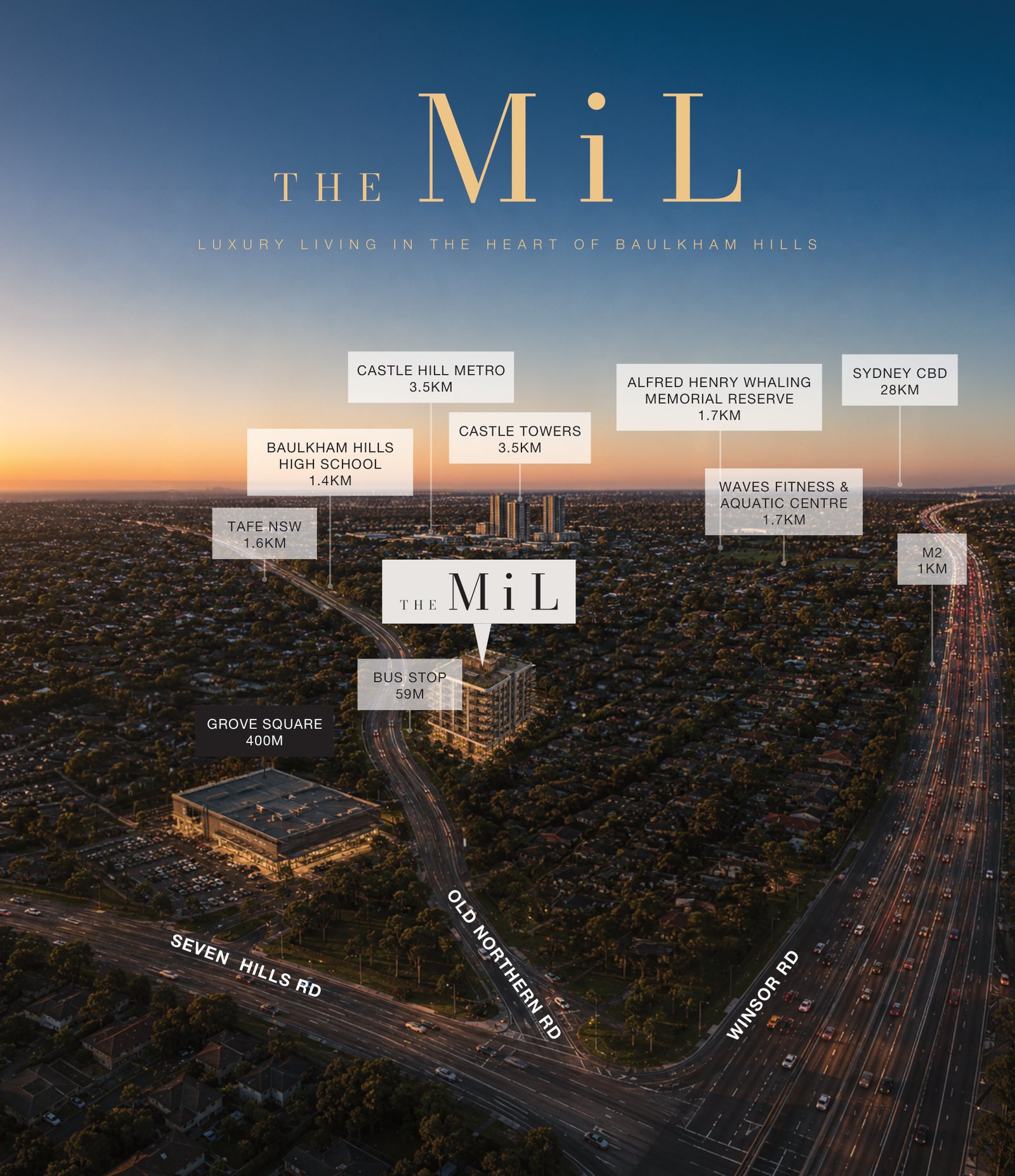 Aerial map showing The Mil's proximity to Castle Hill Metro, Castle Towers, Grove Square, the M2 and local schools