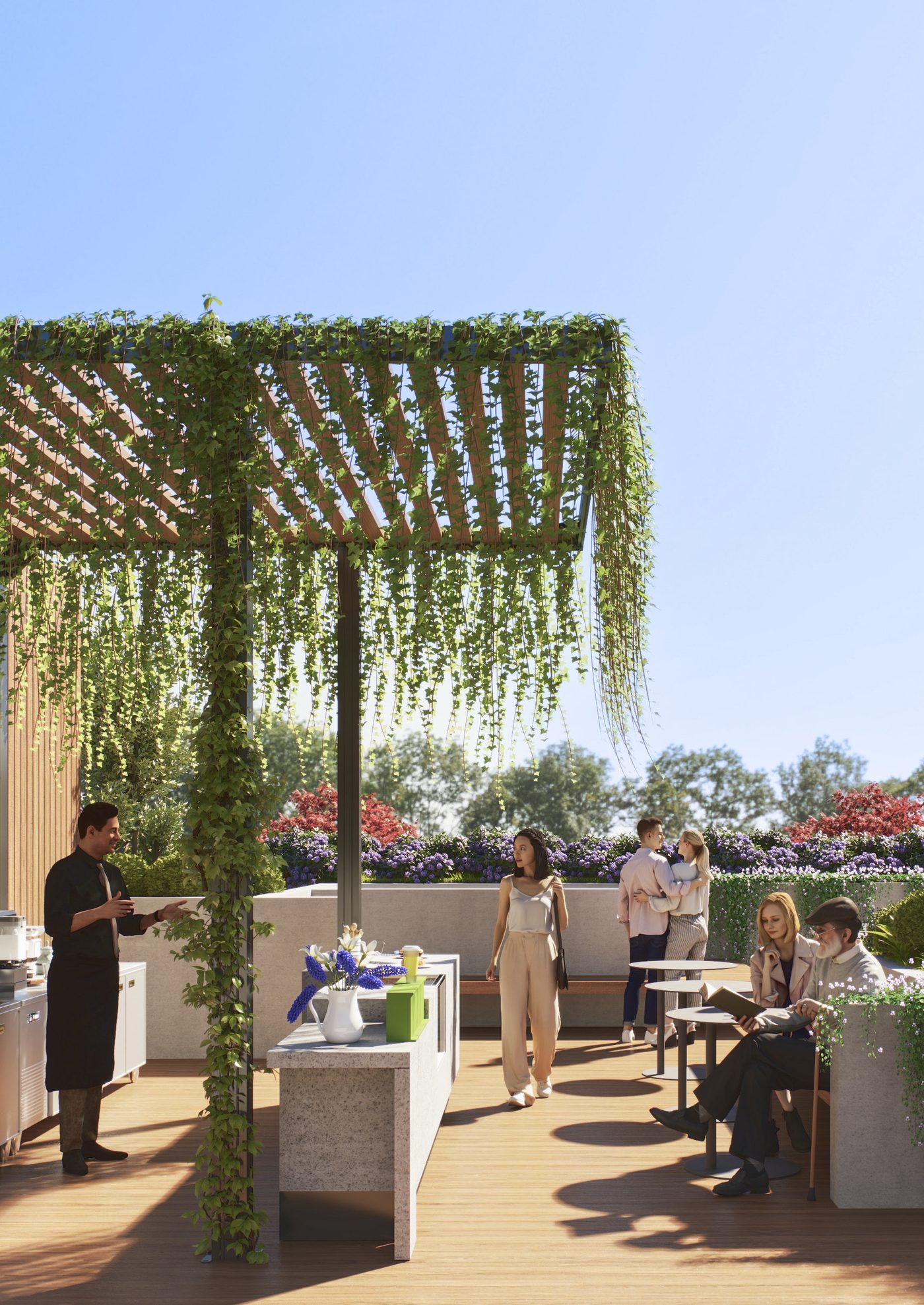 Rooftop entertainment terrace with greenery and outdoor kitchen